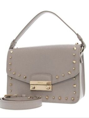 Furla Julia Leather Studded Shoulder Bag Beige Leather